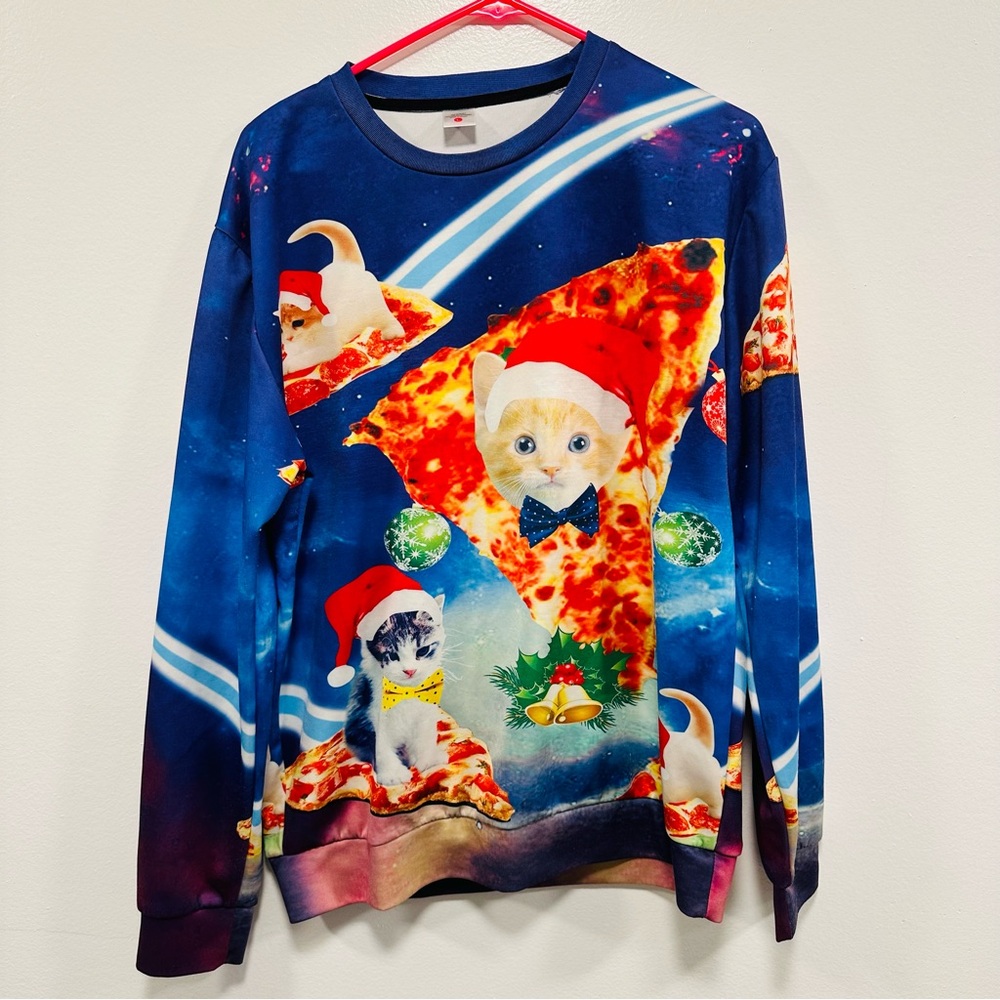 Cat sweater! Christmas themed pizza cat holiday festive sweatshirt size large!